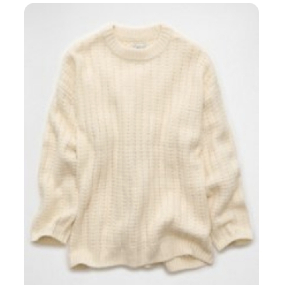 American Eagle Outfitters Cream Waffle-Knit Crewneck Sweater